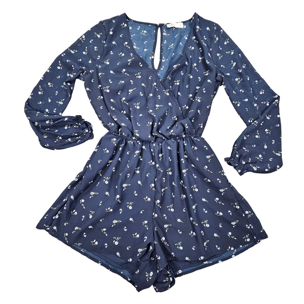 Hollister Floral Long Sleeve Romper Navy Blue L Boho Faux Wrap Keyhole Playsuit